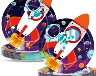 Outer Space Birthday Plates 60PCS, Rocket Ship Birthday Paper Plates 9inch, Space Birthday Disposable Dinnerware, Two The Moon Plates