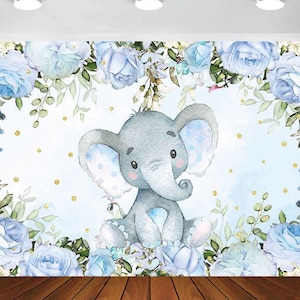 Boy Elephant Baby Shower Backdrop, Neutral Blue Flower Elephant Photography Background 7x5ft Vinyl Photo Background 5x7ft Blue Elephant