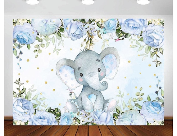 Boy Elephant Baby Shower Backdrop, Neutral Blue Flower Elephant Photography Background 7x5ft Vinyl Photo Background 5x7ft Blue Elephant