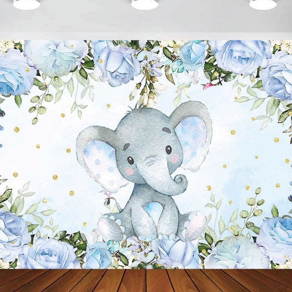 Boy Elephant Baby Shower Backdrop, Neutral Blue Flower Elephant Photography Background 7x5ft Vinyl Photo Background 5x7ft Blue Elephant