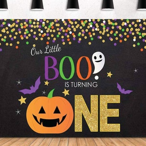 Halloween 1st Birthday Party Backdrop, Our Little Boo is Turning One, The Spooky One Birthday, Halloween Pumpkin First Birthday Background