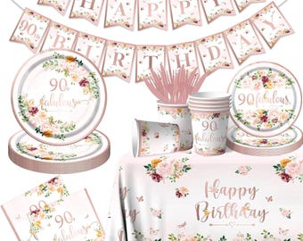 Floral 90th Birthday Plates, Napkins, Cups, Tablecloth Disposable Tableware Serves 20, Women Rose Gold 90 and Fabulous Birthday Dinnerware