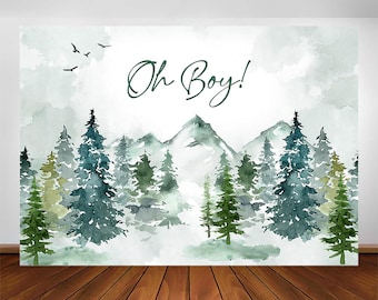 Adventure Baby Shower Backdrop, Oh Boy Let The Adventure Begin Pine Tree Mountain Forest Adventure Baby Shower Banner Backdrop