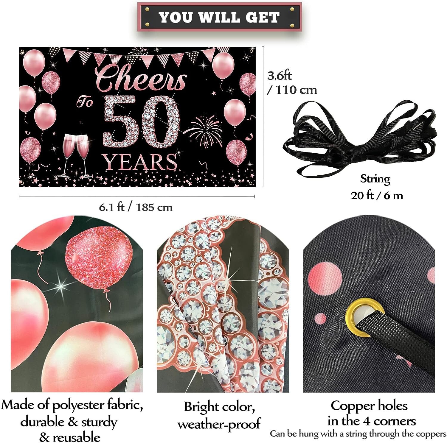 50. Geburtstag Dekorationen Für Frauen - Schwarz Rose Gold Banner, Pompoms, Wirbel Kit