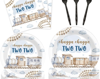 Chugga Chugga Two Two Birthday Party Plates, Napkins, Forks Disposable Tableware Serves 24, Train 2nd Birthday Plates Dinnerware