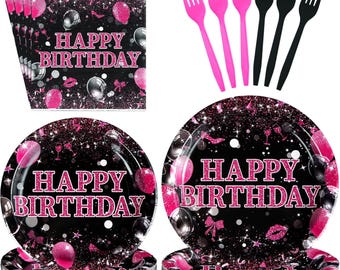 Pink and Black Birthday Plates, Napkins, Forks Disposable Tableware Serves 24, Hot Pink and Black Birthday Plates Dinnerware for Girls Women