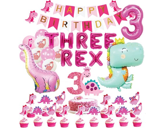 Girl Dinosaur Three Rex Birthday Decorations, Girls 3rd Birthday Decorations Three Rex Balloon Cake Topper Dinosaur Balloon Cupcake Toppers