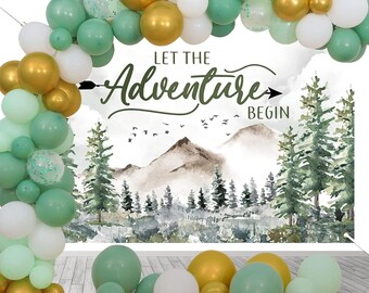 Kit d'arche de guirlande de ballons et de toile de fond pour baby shower aventure, toile de fond bannière Let the Adventure Begins, ballon vert sauge pour baby shower