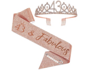43rd Birthday Sash and Tiara for women, 43 & Fabulous Birthday Sash Crown 43th Sash and Tiara for Women, Rose Gold Sash and Tiara