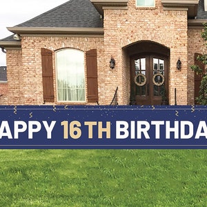 Large 16th Birthday Banner Backdrop Decorations for Boys Navy Blue Gold Sweet 16 Birthday Party Outdoor Indoor Banner 16th Party Supplies