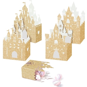 Princess Favor Boxes 16 Pack, Gold Glitter Princess Theme Castle Favor Candy Boxes for Birthday Baby Shower Princess Party Decorations