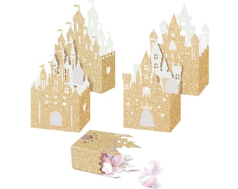 Princess Favor Boxes 16 Pack, Gold Glitter Princess Theme Castle Favor Candy Boxes for Birthday Baby Shower Princess Party Decorations