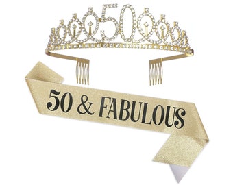 May include: Gold tiara with rhinestones and the number 50 on it. A gold sash with black glitter says "50 & FABULOUS".