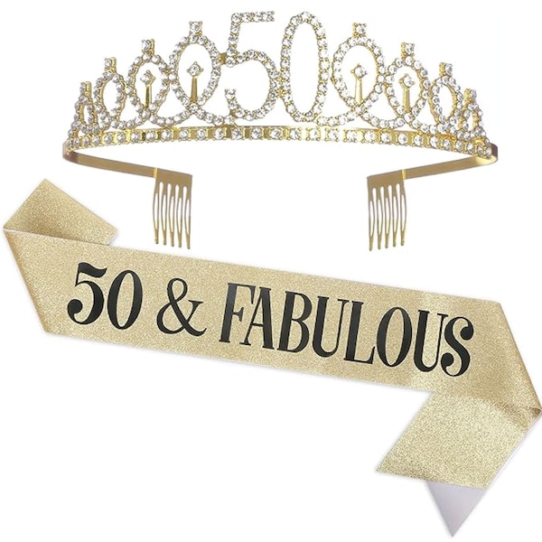 50th Birthday Sash and Tiara for Women, 50 & Fabulous Birthday Sash Crown 50th Sash and Tiara for Women, Gold Sash and Tiara, Black and Gold