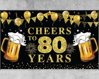 80th Birthday Banner Backdrop Cheers to 80 Years Photo Background Decorations Black and Gold 80th Birthday Party Photography backdrop