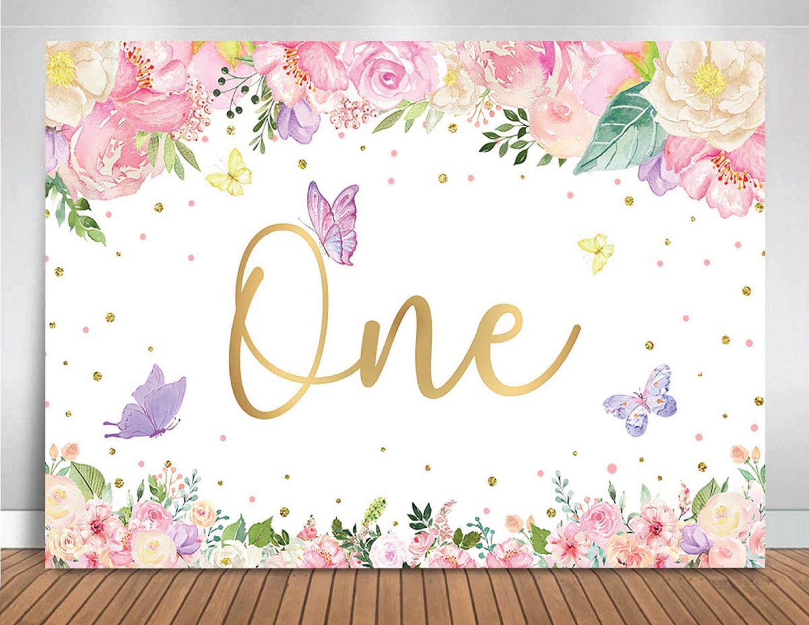 Aperturee Elegant Pink Butterfly 1st Birthday Rectangle Backdrop