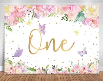 Butterfly 1st Birthday Backdrop Girl Floral Butterfly First Birthday Photo Background Pink and Gold Floral Butterfly Birthday Banner