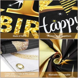 May include: A black and gold fabric backdrop with the words "Happy Birthday" printed on it. The backdrop is made of fabric and has a gold glitter finish. It comes with four holes at the corners for hanging and a long rope. The backdrop is washable and reusable.