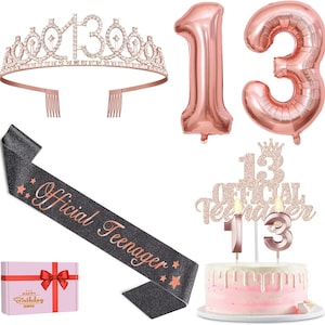 13th Birthday Sash and Tiara Set for women, 13 Official Teenager Sash Crown, Black Sash and Rose Gold Tiara, Rose Gold 13 Balloon