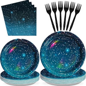 May include: A set of party supplies with a space theme. Includes plates, napkins, and forks. The plates and napkins have a dark blue background with white speckles and colorful accents. The forks are black.