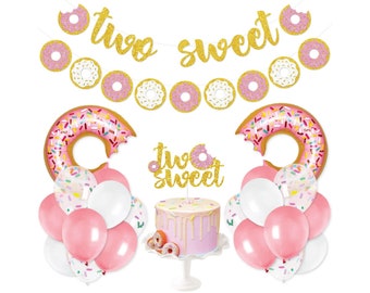 Donut Two Sweet Birthday Party Decoration, Girl's Donut 2nd Birthday Party Supplies, Donut Balloons Cake Topper, Two Sweet Banner