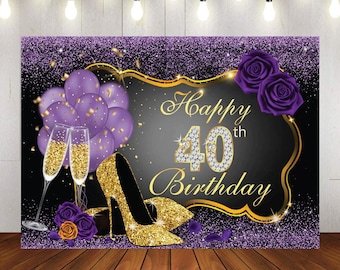 40th Birthday Banner Backdrop Decorations for Women Purple Gold Happy 40 Year Old Birthday Decor Photo Booth Props 40th Party Supplies