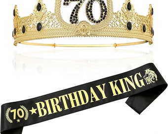 Ceinture et diadème 70e anniversaire pour homme, couronne 70e anniversaire pour roi, ceinture et diadème dorés 70e, ceinture et couronne dorées, noir et or