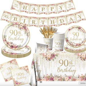 May include: A 90th birthday party supply set featuring a banner, plates, cups, napkins, and a tablecloth. Each item displays gold text reading 90th Birthday or 90 fabulous, accented with pink and white floral patterns and gold glitter details.