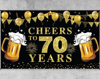 70th Birthday Banner Backdrop Cheers to 70 Years Photo Background Decorations Black and Gold 70th Birthday Party Photography backdrop