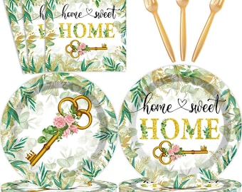 House Warming Party Plates, Napkins, Forks Disposable Tableware Serves 24, Sweet Home Floral Greenery Plates Dinnerware, New House Party