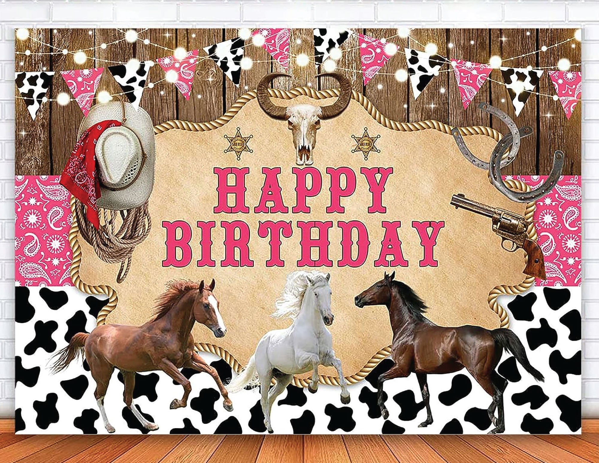 Western Horse Birthday Backdrop Rustic Wood West Rodeo Cowgirl Birthday Vinyl Photo Background 7x5ft Pink Bandana Cowgirl