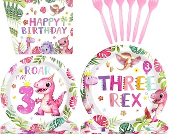Pink Dinosaur 3rd Birthday Plates, Napkins, Forks Disposable Tableware Serves 24, Girls Three Rex Dino Theme Birthday Plates Dinnerware
