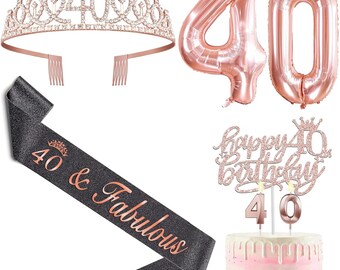 40th Birthday Sash and Tiara Set for women, 40 & Fabulous Birthday Sash Crown, Black Sash and Rose Gold Tiara, Rose Gold 40th Balloon