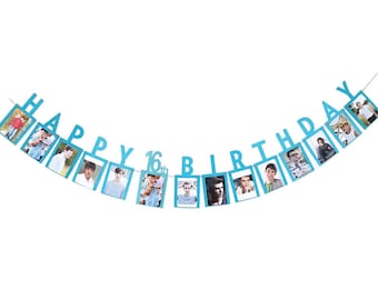 16th Birthday Photo Banner, 16th Birthday Blue Banner, Boys Sweet 16 Party Decorations, 16th Party Supplies, Milestone Photo Banner