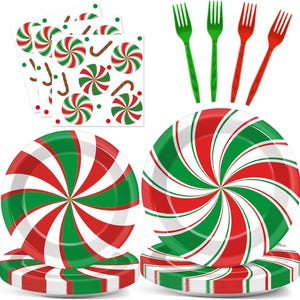 May include: A festive holiday party supplies set featuring red, green, and white candy cane designs. Includes paper plates, napkins, stickers, and plastic forks. The plates and napkins have a spiral design, while the stickers feature candy cane and swirl motifs.