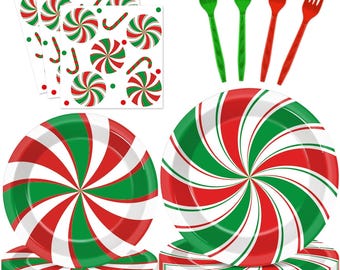 May include: A festive holiday party supplies set featuring red, green, and white candy cane designs. Includes paper plates, napkins, stickers, and plastic forks. The plates and napkins have a spiral design, while the stickers feature candy cane and swirl motifs.