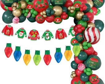 Christmas Ugly Sweater Balloon Garland Arch Kit, Christmas Red and Green Balloon Decorations, Christmas Ugly Sweater Party Decorations
