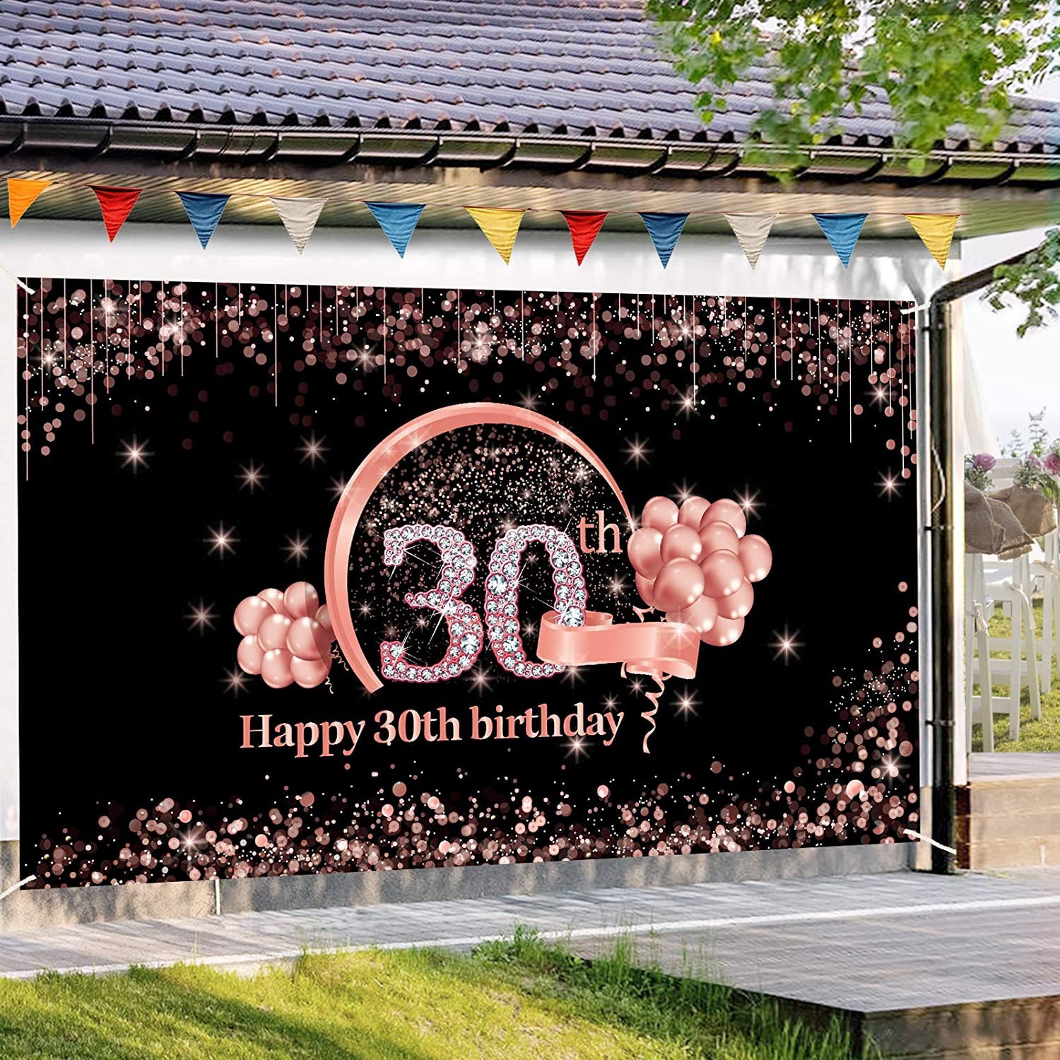 "Happy 30th Birthday" Glitter Rose Gold Party Backdrop - 120x80 Cm Vinyl Banner