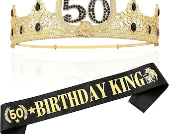 50th Birthday Sash and Tiara for Men, 50th Birthday King Sash Crown, Gold 50th Sash and Tiara, Gold Sash and Crown, Black and Gold