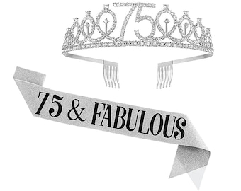 75th Birthday Sash and Tiara for Women, 75 & Fabulous Birthday Sash Crown 75th Sash and Tiara for Women, Silver Sash and Tiara, Black Silver