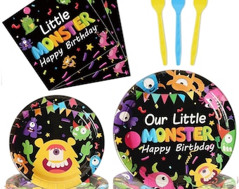 Monster Birthday Plates, Napkins, Forks Disposable Tableware Serves 24, Our Little Monster Birthday Dinnerware, Monster Bash Decor