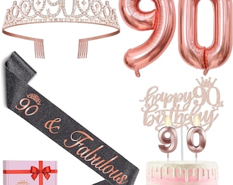 90th Birthday Sash and Tiara Set for women, 90 & Fabulous Birthday Sash Crown, Black Sash and Rose Gold Tiara, Rose Gold 90th Balloon