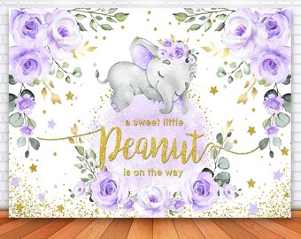 Girl Elephant Baby Shower Backdrop Purple and Gold A Sweet Little Peanut is on The Way Elephant 7x5ft Vinyl Photo Background Purple Elephant