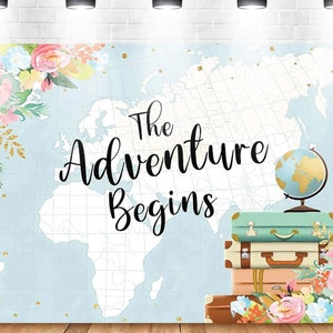 Adventure Awaits Backdrop Banner, Global Travel Adventure Begins, A New Adventure Bridal Shower, World Map Globe Suitcase Backdrop