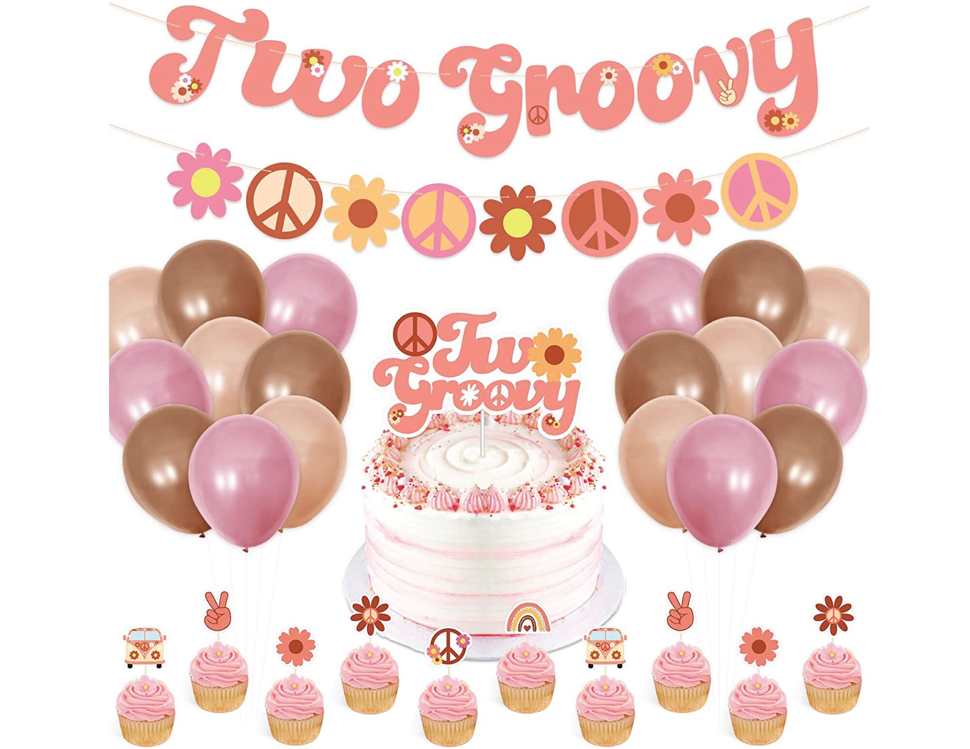 Two Groovy Birthday Decorations Boho Retro Hippie Party 60s Hippie Theme 2nd Birthday Supplies Two Groovy Banner Cake Topper