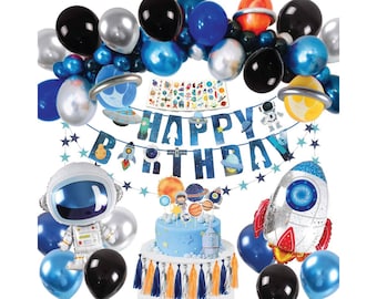 Outer Space Birthday Decoration, Astronaut Birthday Decor Kit, Boy's Space Birthday Balloons, Happy Birthday Banner, Cake Topper, Tattoo