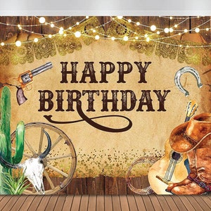 Western Cowboy Birthday Backdrop Rustic Old West Rodeo Cowboy Birthday Vinyl Photo Background 7x5ft Brown Rustic Wood Cowboy Banner Backdrop