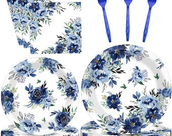 Peony Party Plates, Napkins, Forks Disposable Tableware Serves 24, Navy Blue Floral Birthday Bridal Shower Plates Dinnerware