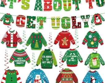 Ugly Sweater Party Banner, Christmas It's About To Get Ugly Banner and Hanging Swirls, Ugly Christmas Sweater Party Decorations,