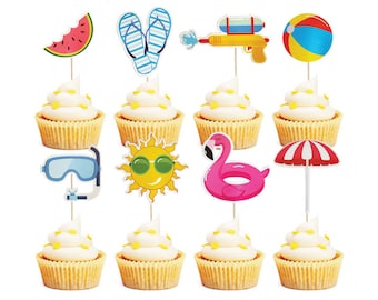 Pool Party Cupcake Toppers 32pcs, Summer Beach Pool Party Cupcake Toppers, Summer Pool Party Decorations for Kids Summer Swimming Birthday
